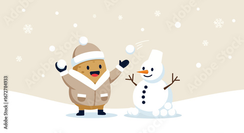 Cheerful Potato Character Engaging In Playful Snowball Fight With Crafted Snowman