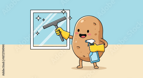 Cheerful Potato Character Enjoying Cleaning Windows to Achieve Perfect Sparkling Clarity