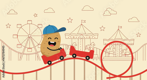 Cheerful Potato Character Enjoying Thrilling Amusement Park Rollercoaster Ride