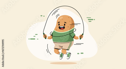 Cheerful Potato Character Jumping Rope, Embracing a Playful And Energetic Fitness Routine