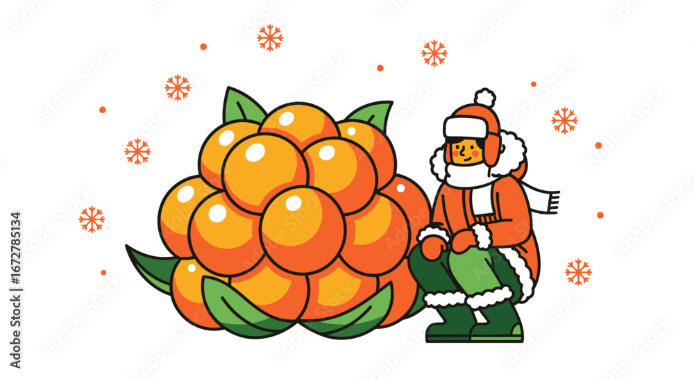 Fototapeta premium Winter Harvest: Cheerful Figure Beside a Generous Bounty of Orange Berries