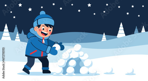 Winter Fun: A Cheerful Child Building a Snow Fort Under a Starry Sky