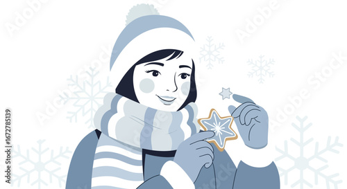 Winter Fun: A Woman Admiring Star-Shaped Cookies and a Snowy Background