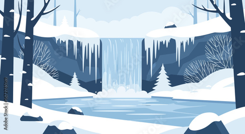 Winter Landscape Scene Depicting Icefall With Trees and Snow Accents, Beautiful Scenery
