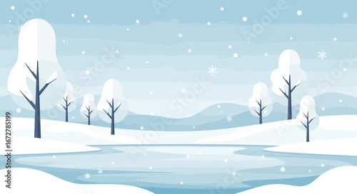 Winter Landscape With Snowflakes And Frozen Lake Showing Winter Atmosphere Tranquility