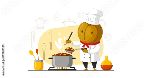 Cheerful Pumpkin Chef Cooks Tasty Dish In The Kitchen On White Background Illustration