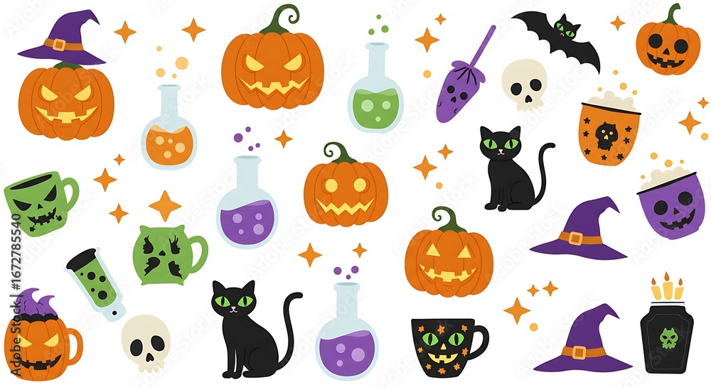Fototapeta premium Halloween Icons: A vibrant, festive arrangement of classic Halloween symbols. Pumpkins with eerie expressions, witch hats, bubbling potions, mischievous black cats, playful bats.