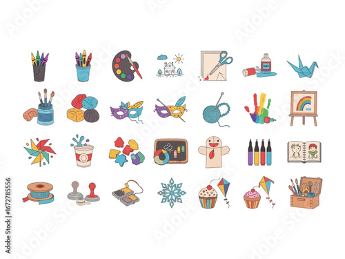 Art and Craft Collection: A vibrant compilation of artistic tools and creative supplies, perfect for inspiring artistic expression, with elements arranged in an illustrative.