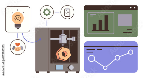 3D printer crafting geometric object linked to innovation, data analysis, and efficiency workflow. Displays charts, lightbulb for idea, gear for process, and collaboration icon. Ideal for technology