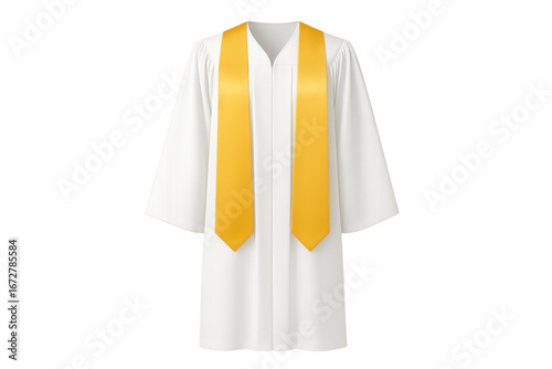 White graduation gown with gold stole on transparent background