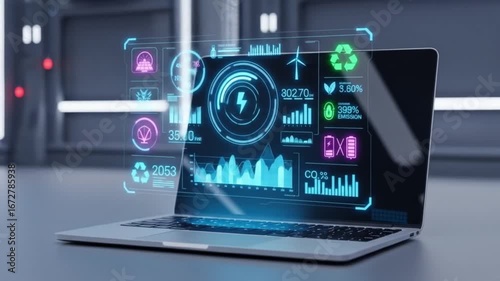 Wallpaper Mural Laptop displaying futuristic interface with energy and environmental data visualizations shown clearly Torontodigital.ca