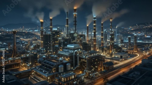 Wallpaper Mural Futuristic industrial city at night with smoke billowing from chimneys, an impressive aerial view Torontodigital.ca