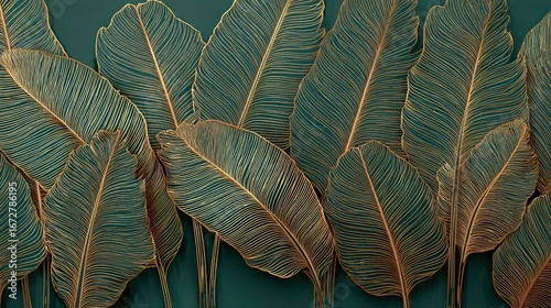 Decorative feather-like leaves with gold trim, detailed texture, on a dark teal background