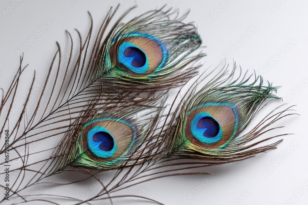 Obraz premium Colorful peacock plumage against a light backdrop