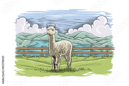 Alpaca Standing in a Field with Mountains and Fence Illustration