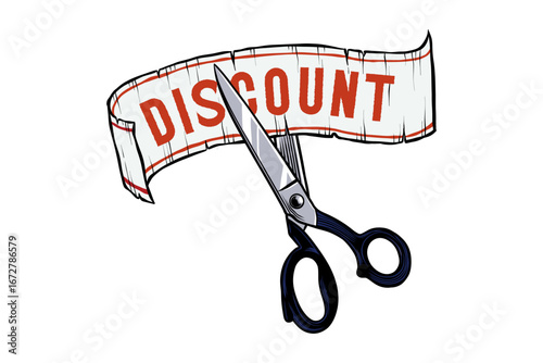 illustration of a ribbon with the word  discount being cut
