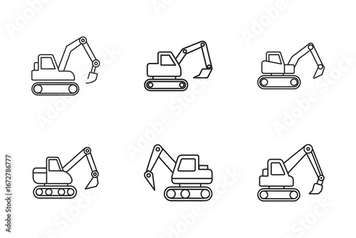 Excavator Icon Set Minimalist Line Art Construction Equipment Vector Illustration Heavy Machinery Black and White Design