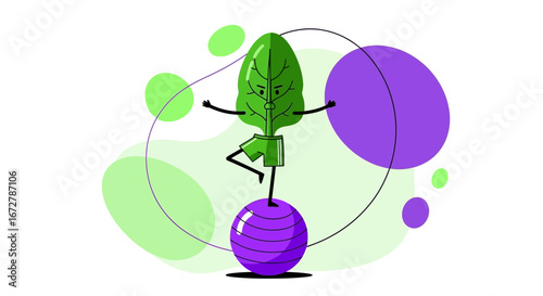 Cheerful Spinach Balancing On Exercise Ball: A Whimsical Illustration About Health