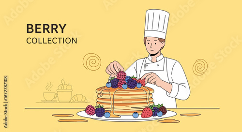 Chef Decorating a Stack of Pancakes With Fresh Berries, Culinary Delight, and Vibrant Colors