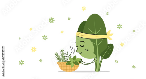 Cheerful Spinach Character Enjoys Fresh Herbs with Relaxed Expression and Gentle Ambiance