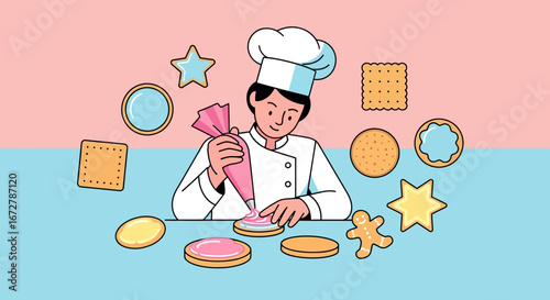 Chef Decorating Biscuit Sweets Deliciously With Artistic Frosting For Treat Presentation