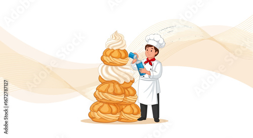 Chef Decorating A Tower Of Delicious Cream Puffs With Fresh Whipped Cream Delightfully