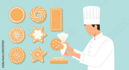 Chef Decorating Artistic Cookies with Sugar Cream for Culinary Delight and Pleasure
