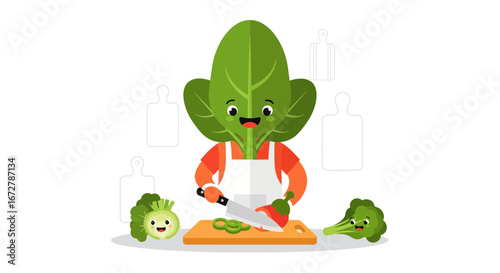 Cheerful Spinach Chef Perfectly Prepares Fresh Vegetables for a Healthy Culinary Creation
