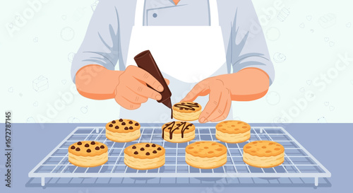 Chef Decorating Cakes With Chocolate Frosting For an Awesome Homemade Dessert