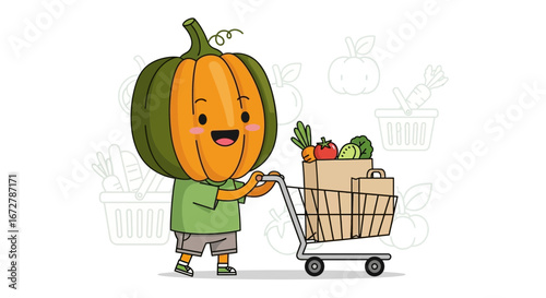 Cheerful Squash Character Grocery Shopping with Fresh Produce in a Shopping Cart