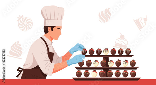 Chef Decorating Chocolate Covered Strawberries, Arranging Desserts on Decorative Shelves