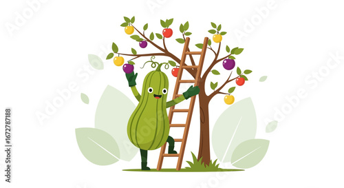 Cheerful Squash Character Harvesting Ripe Fruits From a Tree with a Ladder