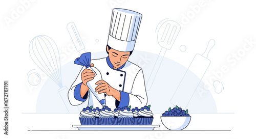 Chef Decorating Cupcakes with Blueberries: A Detailed Illustration and Cooking Concept
