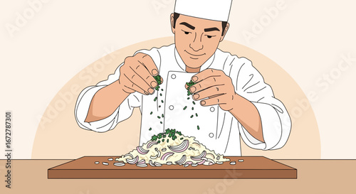 Chef Delicately Seasoning Preparation Garnishing Dish Presenting Food on Wooden Board