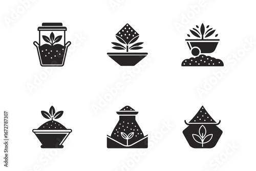 Gardening and Plant Care Glyph Icons Representing Growing and Cultivating Plants in Various Containers and Environments for a Healthy Garden