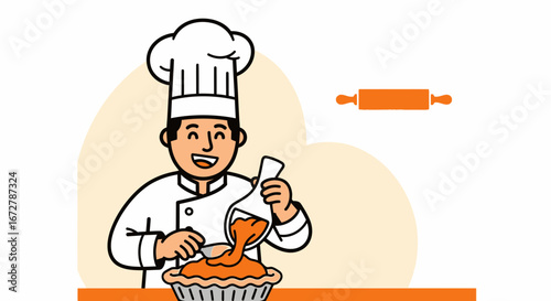 Chef Delivers Filling Into a Mouthwatering Pie with Cooking Tools in Delightful Illustration
