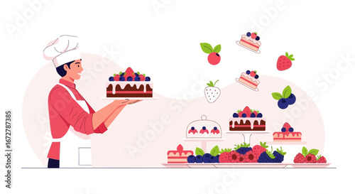 Chef Displaying Delectable Berry Cakes For Celebration Or Special Occasion