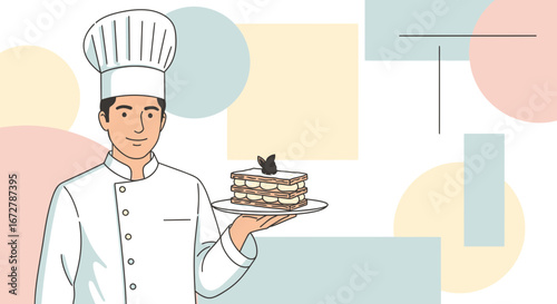 Chef Displaying Exquisite Pastry with Geometric Shapes against a Whitewashed Backdrop