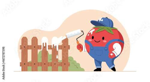Cheerful Tomato Character Painting Wooden Fence in a Playful and Cute Illustration