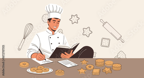 Chef Examining Cookbook and Baking Cookies, Writing Notes, Preparing Confectionery Recipes