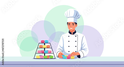 Chef Expertly Arranging Colorful Macarons, A Culinary Delight, Delicious Baked Treats