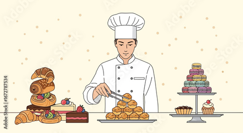 Chef Expertly Arranges Freshly Baked Pastries, Demonstrating Culinary Precision and Passion