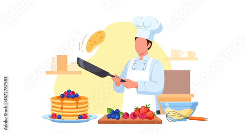 Chef Flipping Pancake Illustration Demonstrating Delicious Breakfast Preparation Process