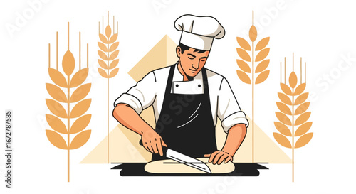 Chef Expertly Working with Flour Cutting Dough for Delicious Freshly Baked Wheat Bread