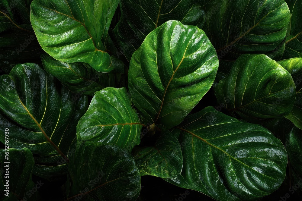Obraz premium Dark green pho leaves cluster together presenting a shiny backdrop layer