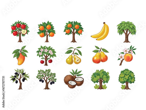 Orchard Bounty: A vibrant array of fruit trees and exotic fruits flourish, showcasing nature's delicious diversity in vivid detail, each element rendered in a cheerful, cartoon-like style.