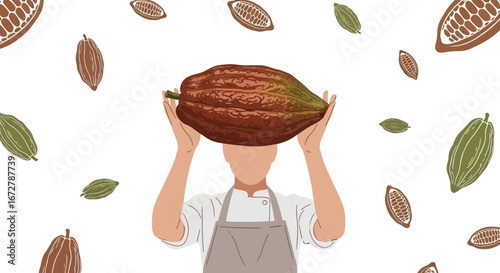 Chef Holding a Large Cacao Fruit, Illustration on a White Background, Chocolate Concept