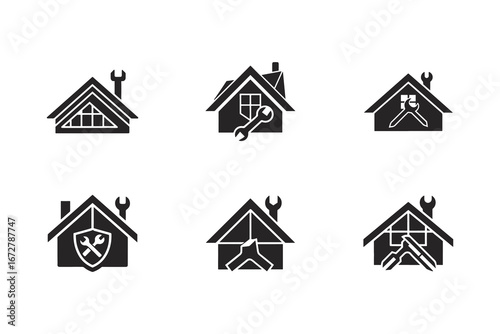 Home Repair and Maintenance Icons Featuring Houses and Wrenches Representing Professional Services and Building Solutions