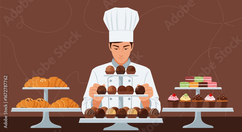 Chef Holding Desserts on Stands, Pastries, Bakery, Confectionery, Sweet Treats Illustration