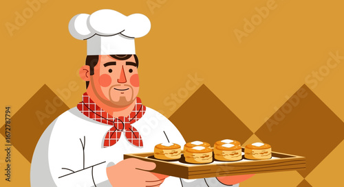 Chef Holding Freshly Baked Goods on Wooden Tray, Presenting Pastries Professionally